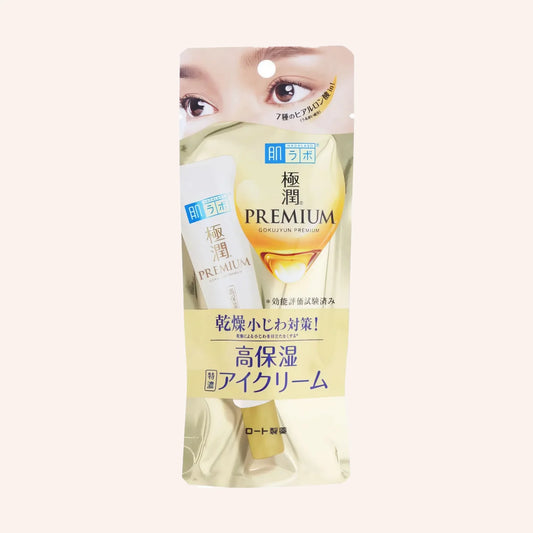 Hada Labo Gokujyun Premium Hyaluron Eye Cream 20g – weißer Karton mit blau-orangem Streifen und Sichtfenster