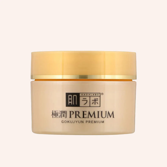 Hada Labo Gokujyun Premium Hyaluronic Acid Cream 50g – goldener Tiegel mit Etikett in Gold, Schwarz und Weiß