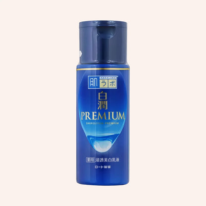 Hada Labo Shirojyun Premium Brightening Milk 140ml – Flasche in Blau-Weiß mit Spender