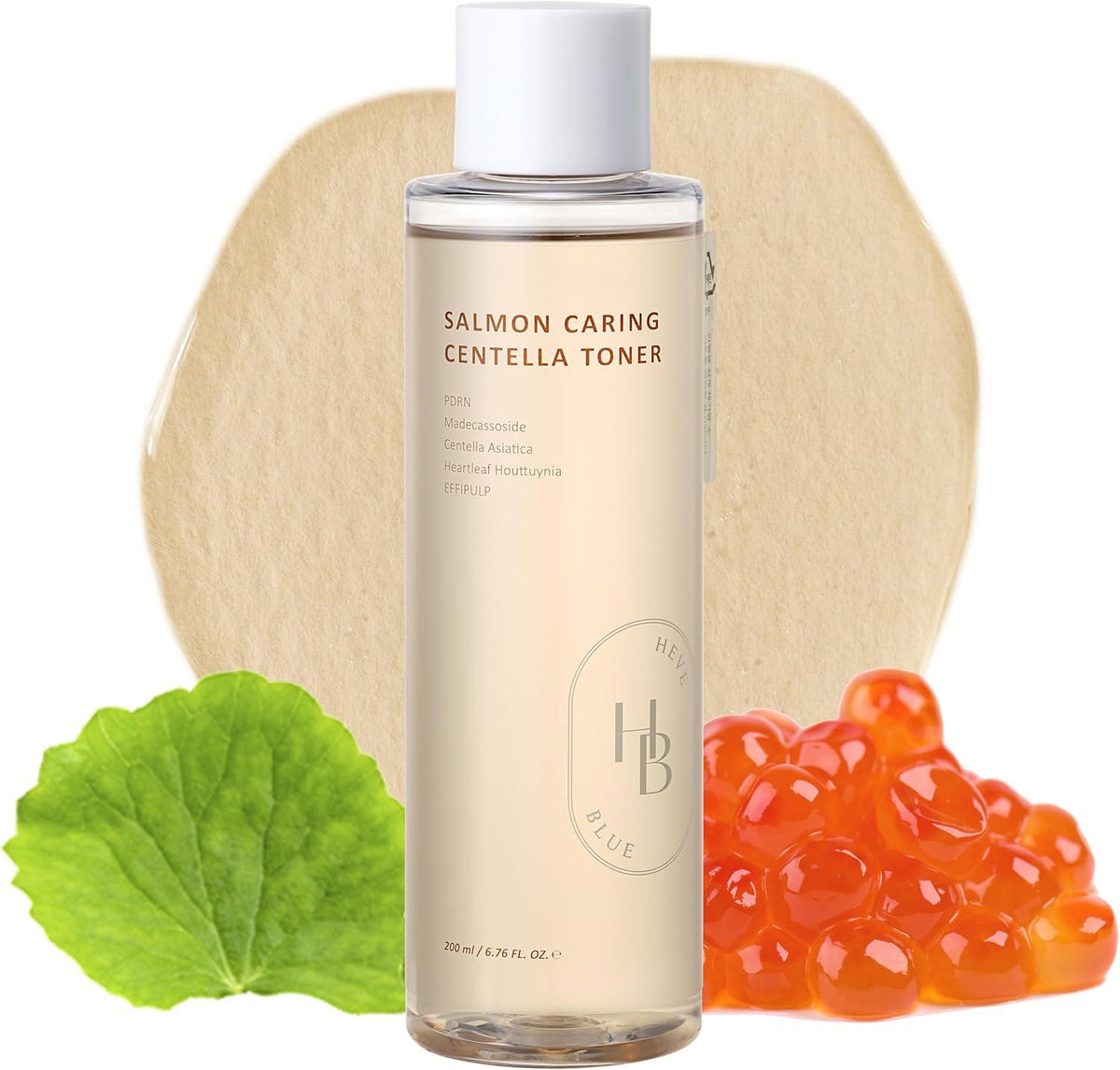 Heveblue Salmon Caring Centella Toner 200ml – Flasche mit weißem Etikett neben dem Umkarton