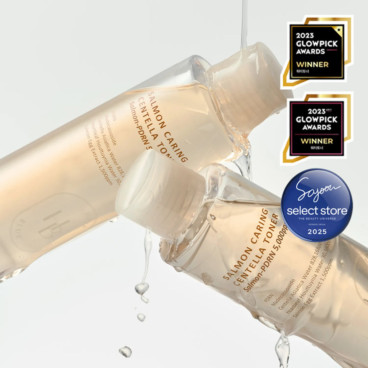 Heveblue Salmon Caring Centella Toner 200ml – zwei transparente Flaschen in verschiedenen Größen hintereinander
