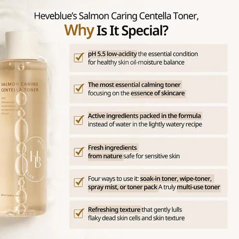 Heveblue Salmon Caring Centella Toner 200ml – Flasche mit weißem Etikett vor dunklem Hintergrund