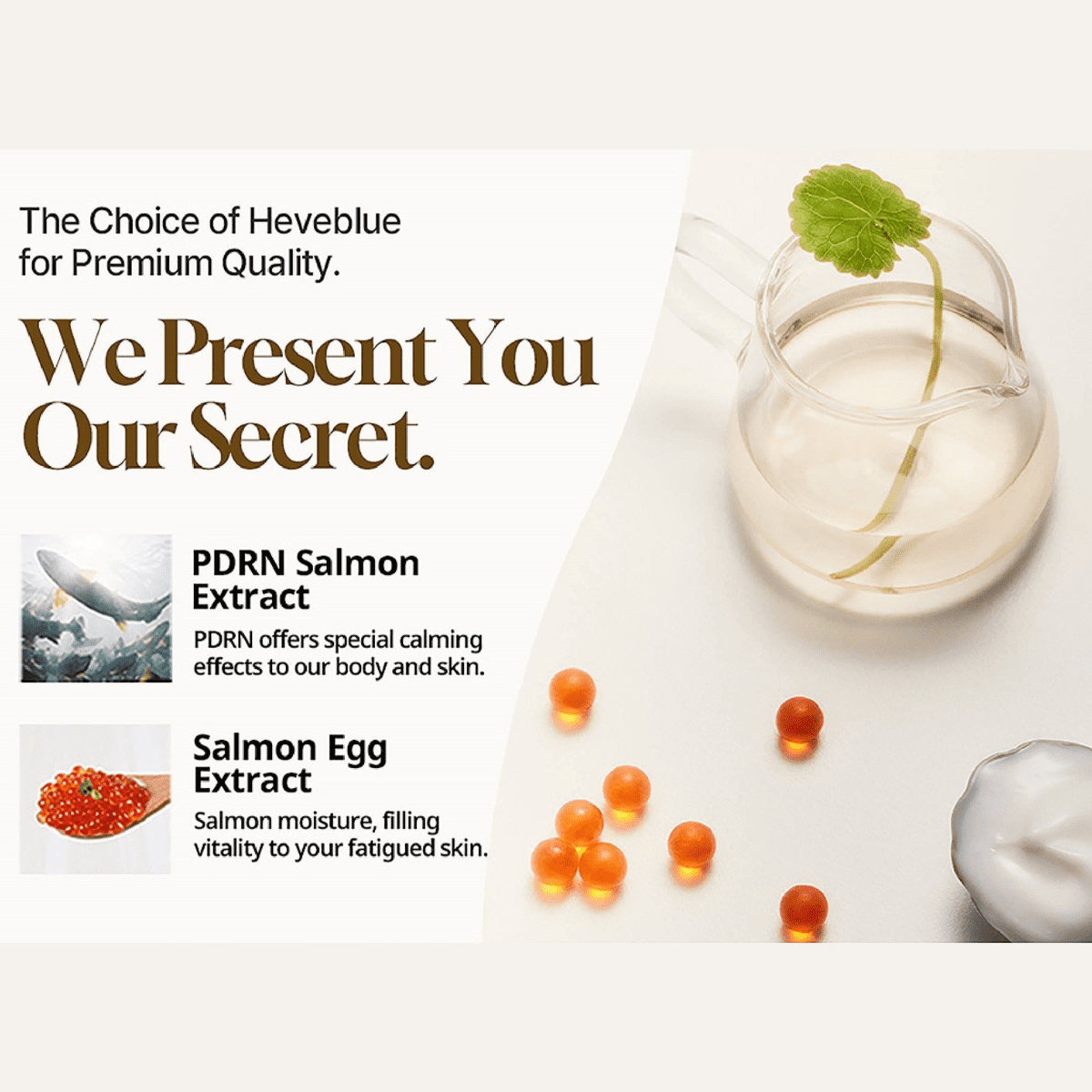 Heveblue Salmon Caring Centella Toner 200ml – Infografik in hellem Beige mit Produktabbildung