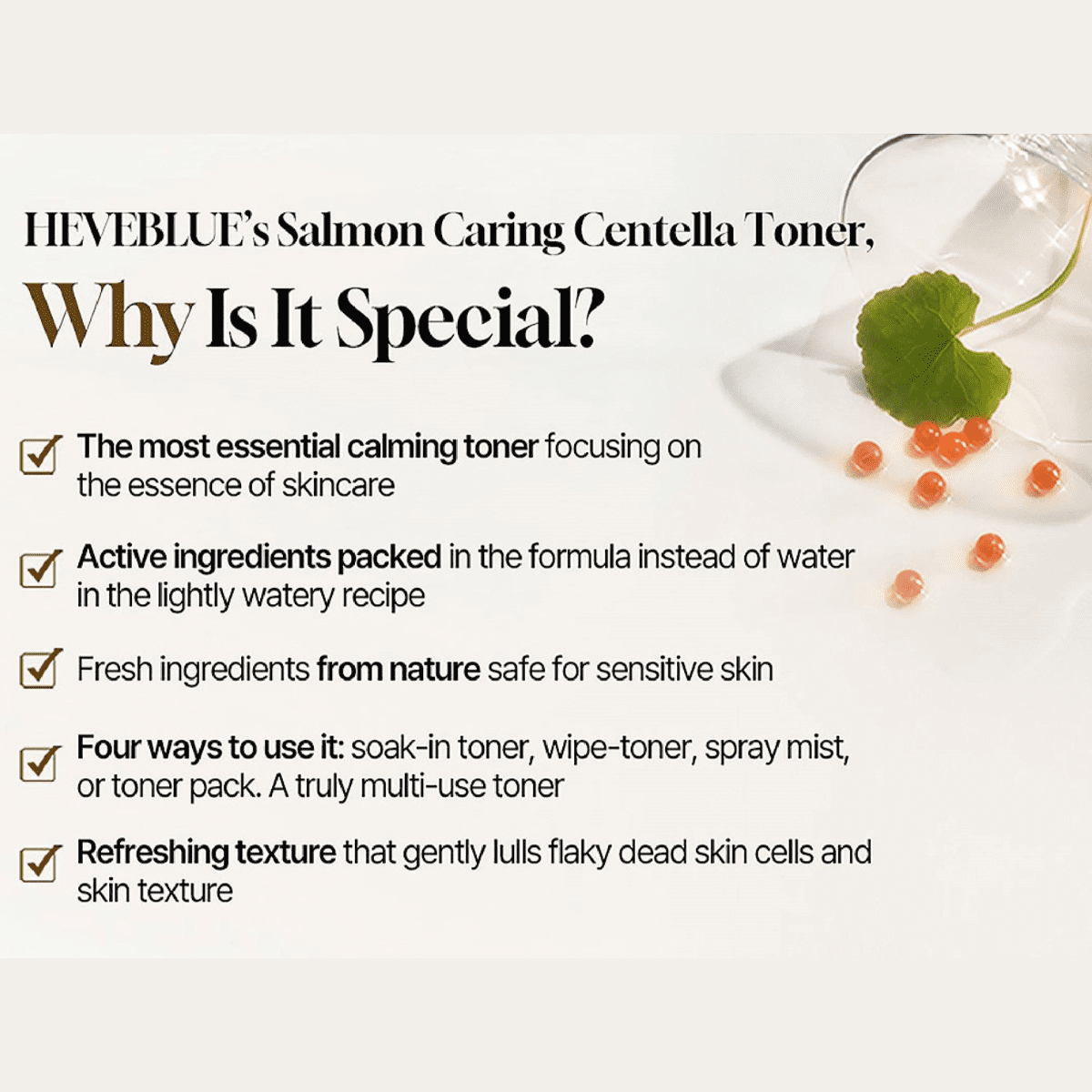 Heveblue Salmon Caring Centella Toner 200ml – Klarglasflasche mit bräunlichem Inhalt und Deckel