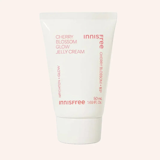 Innisfree Cherry Blossom Glow Jelly Cream 50ml – Tube mit rosa Akzenten vor schwarzem Hintergrund