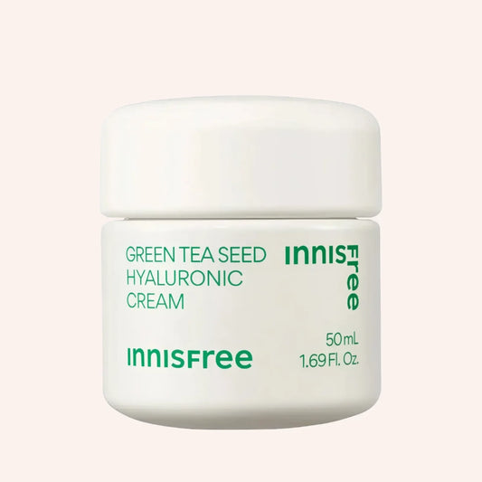 Innisfree Green Tea Seed Hyaluronic Cream 50ml – zylindrischer weißer Tiegel mit grüner Kappe und Sichtfeld