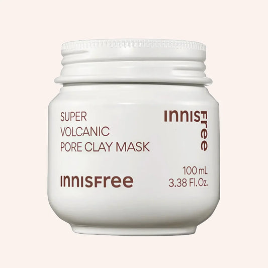 Innisfree Super Volcanic Pore Clay Mask 100ml – Tiegel mit Umverpackung auf weißem Grund