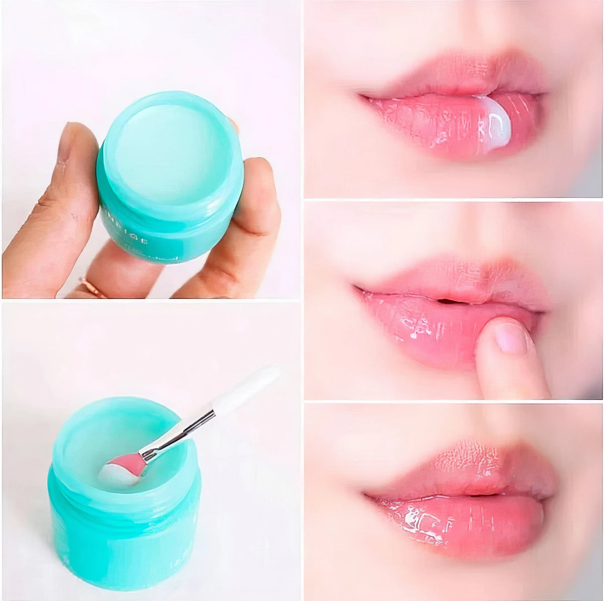 Laneige Lip Sleeping Mask EX Mint Choco 20g – Collage aus vier Bildern: Lippen mit klarem Glanz, je anderer Hintergrund
