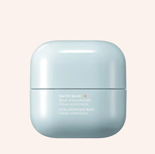 Laneige Water Bank Blue Hyaluronic Cream Moisturizer 50g – weißer Tiegel mit blauem Deckel vor blauem Grund
