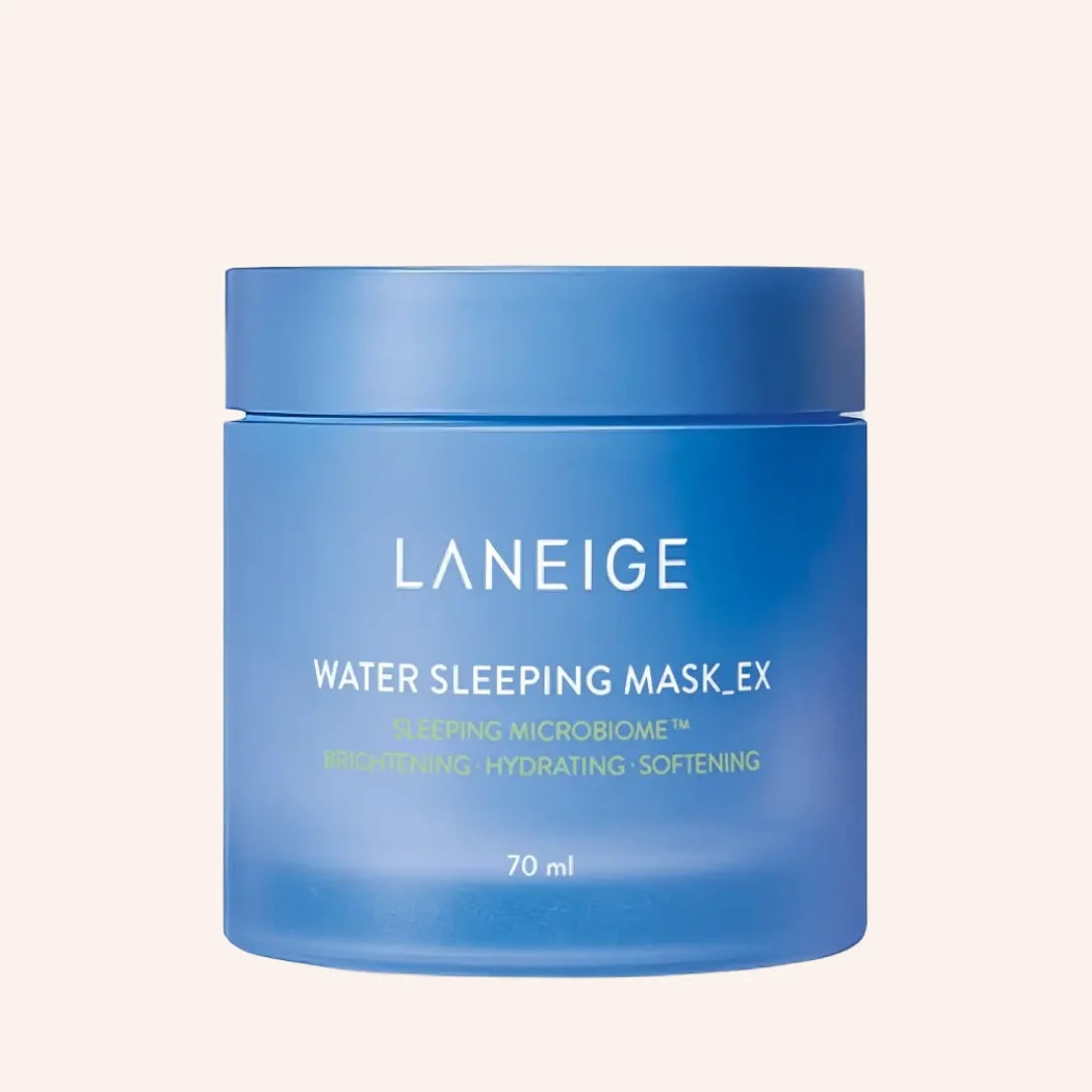 Laneige Water Sleeping Mask EX 70ml – aufrechte blau-weiße Tube mit weißer Kappe vor dunklem Hintergrund
