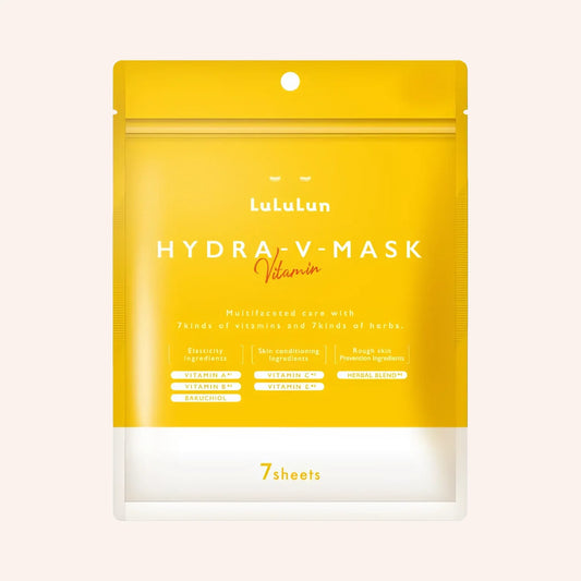 LuLuLun Hydra V Sheet Mask 7St. – gelbe Box mit weißem unterem Rand und klarem Kunststofffenster, Masken dahinter sichtbar