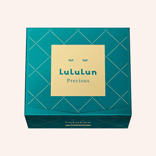 LuLuLun Precious Face Mask Balance 32St – blauer Karton mit weißem Kreismuster, mittig petrol-goldenes Quadrat mit Augen