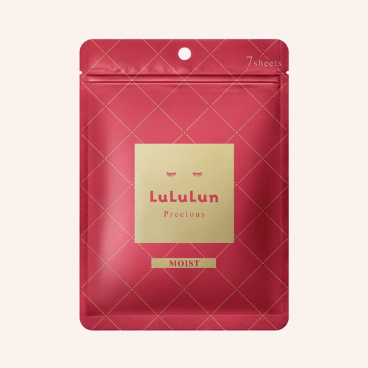 LuLuLun Precious Face Mask Moist 7St. – kleiner quadratischer Beutel mit rechteckiger Kartonbanderole in Rot und Weiß