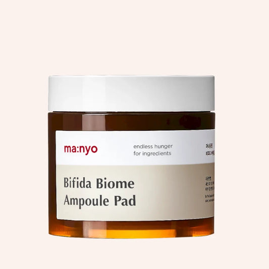 ma:nyo Bifida Biome Ampoule Pad 70 Pads – runde Dose mit weiß-braunem Etikett, frontal