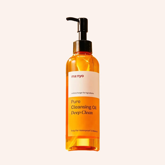 ma:nyo Pure Cleansing Oil Deep Clean 200ml – hohe Flasche mit orangem Etikett und schwarzem Pumpkopf