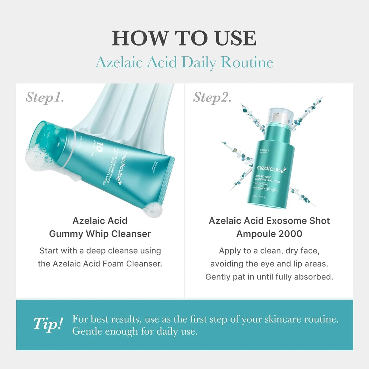 Medicube Azelaic Acid Exosome Shot 2000 Serum 30ml – Anleitung in Weiß, Blau und Türkis mit zwei Flaschen und Schritten