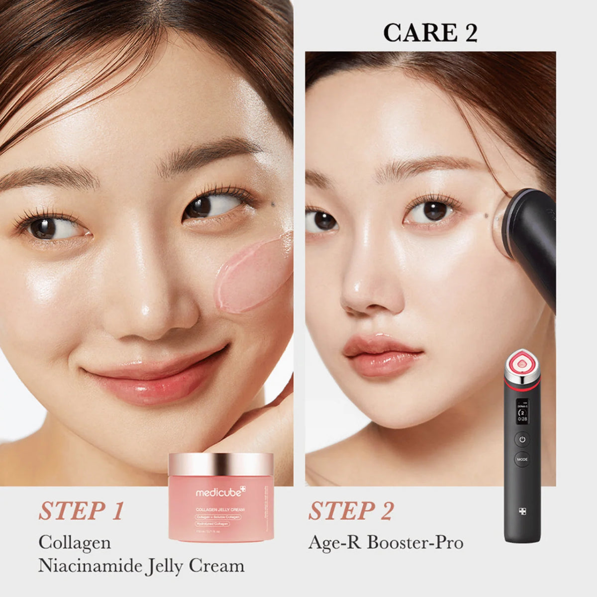 Medicube Collagen Jelly Cream 110ml – Banner mit dunkelgrünem Textfeld oben und Pipettenflasche auf Rosa
