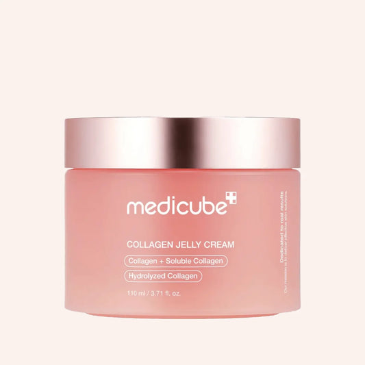 Medicube Collagen Jelly Cream 110ml – Tube mit rosa Verlaufsetikett, dunkel unten und hell oben, vor Rosa
