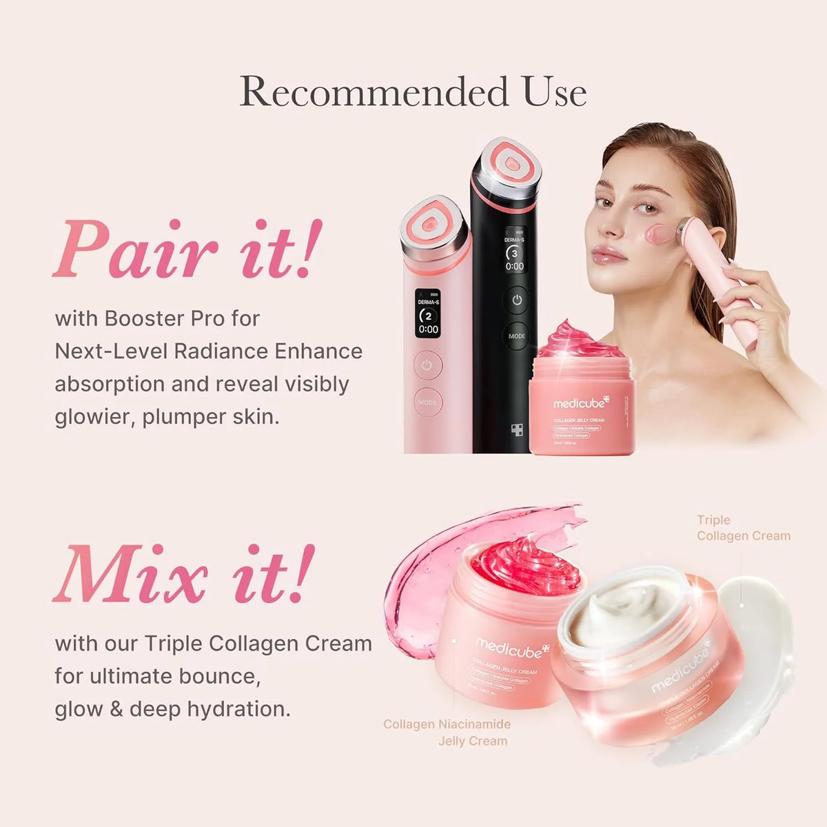 Medicube Collagen Jelly Cream 110ml – Vergleichsbild: rosa Tube mit schwarzem Pumpkopf in der Hand, daneben zweiter Artikel