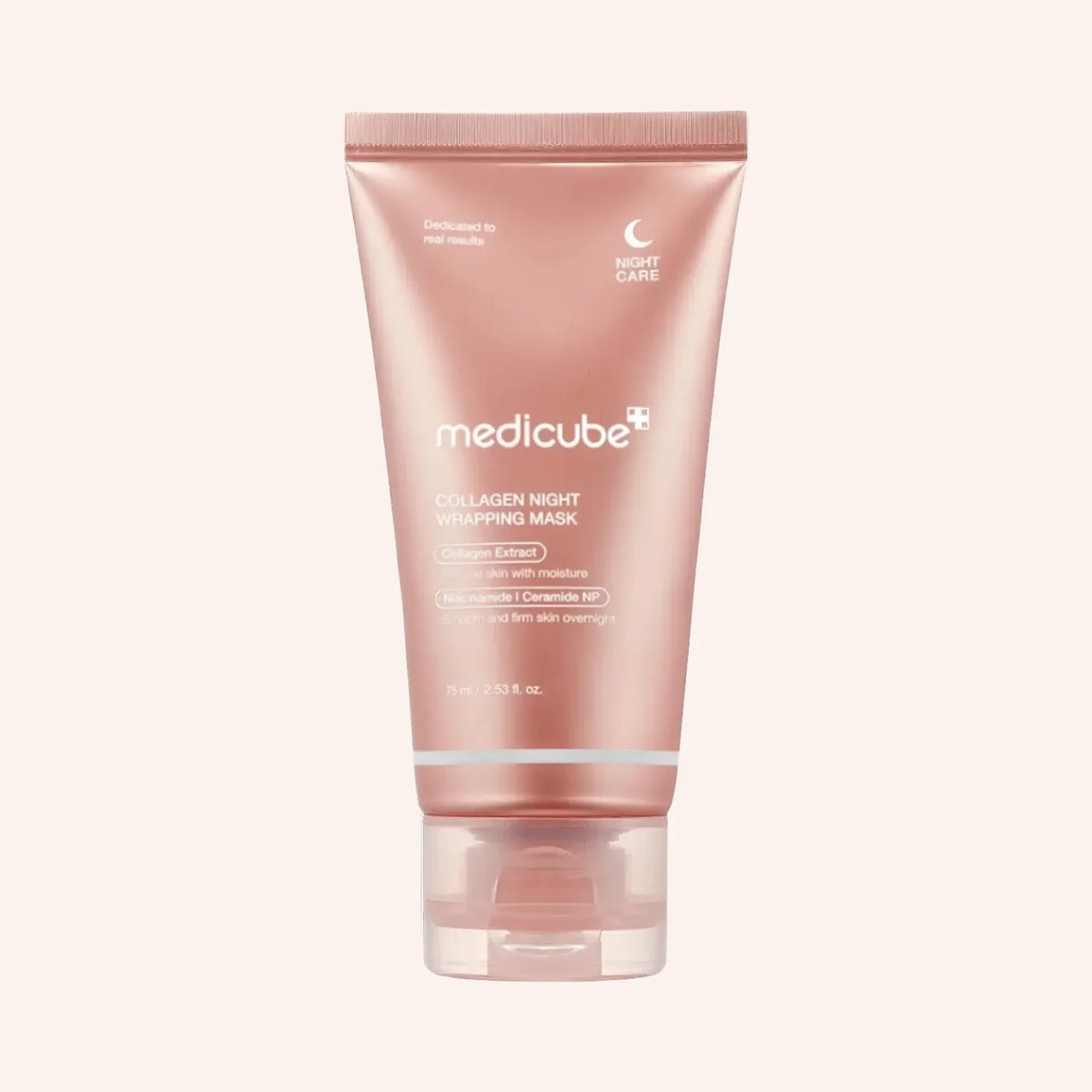 Medicube Collagen Night Wrapping Mask 75ml – durchscheinende Tube mit Kappe, aufrecht stehend auf hellem Hintergrund