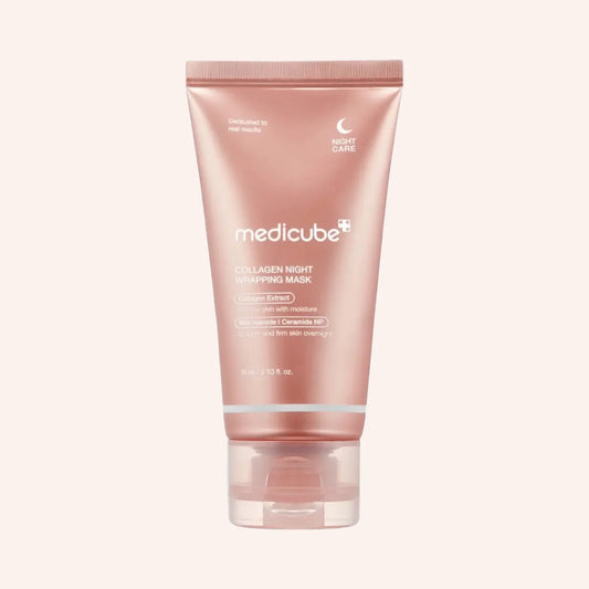 Medicube Collagen Night Wrapping Mask 75ml – durchscheinende Tube mit Kappe, aufrecht stehend auf hellem Hintergrund