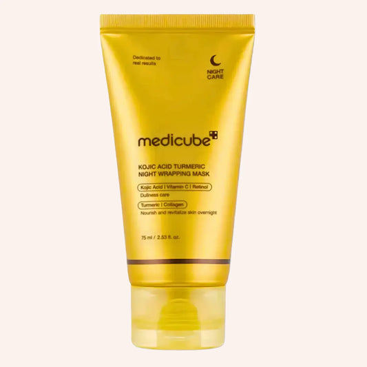 Medicube Kojic Acid Turmeric Night Wrapping Mask 75ml – Gelbe Tube mit weißer Kappe und glänzender Oberfläche