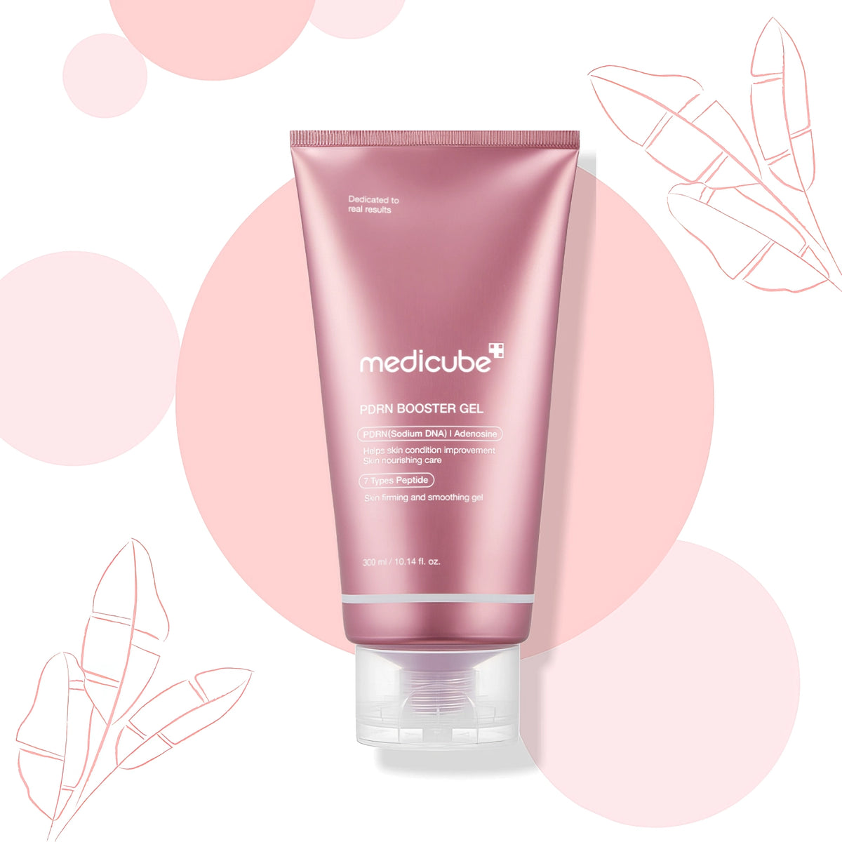 Medicube PDRN Booster Gel 300ml – rosa Tube mit Struktur auf rosa Grund