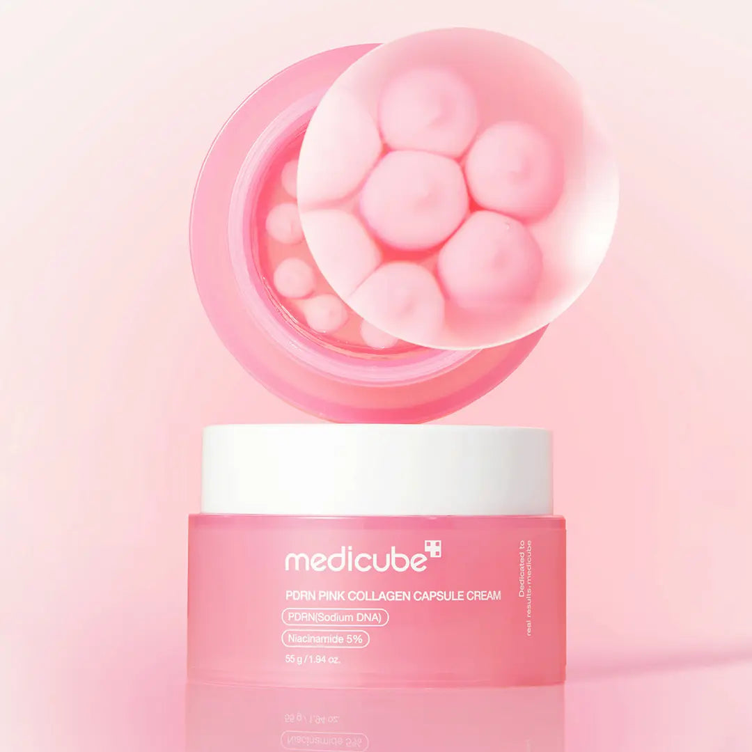 Medicube PDRN Pink Collagen Capsule Cream 55g – transparenter Tiegel mit rosa Deckel und Karton