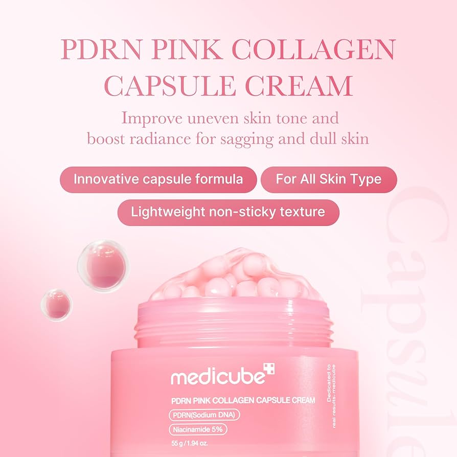 Medicube PDRN Pink Collagen Capsule Cream 55g – rosa Tiegel mit rosa Füllung, Banner mit Schriftzug oben
