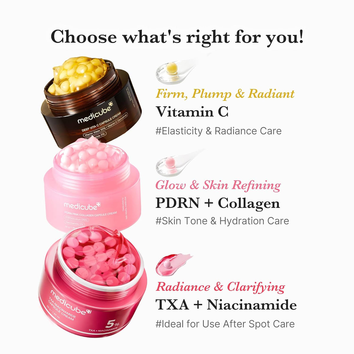 Medicube PDRN Pink Collagen Capsule Cream 55g – Collage aus vier Tiegeln und Tuben, oben rosa Oval mit Text