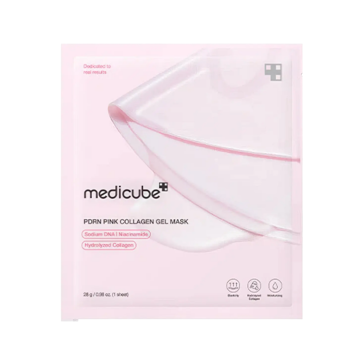 Medicube PDRN Pink Collagen Jelly Gel Mask 1 Stück/28g – rosa Sachet mit Sichtfenster, dahinter die rosarote Maske