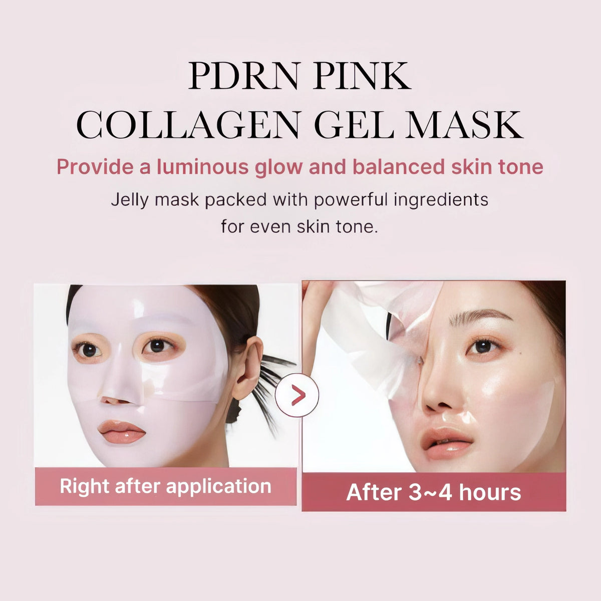 Medicube PDRN Pink Collagen Jelly Gel Mask 1 Stück/28g – Frau mit Gelmaske und geschlossenen Augen