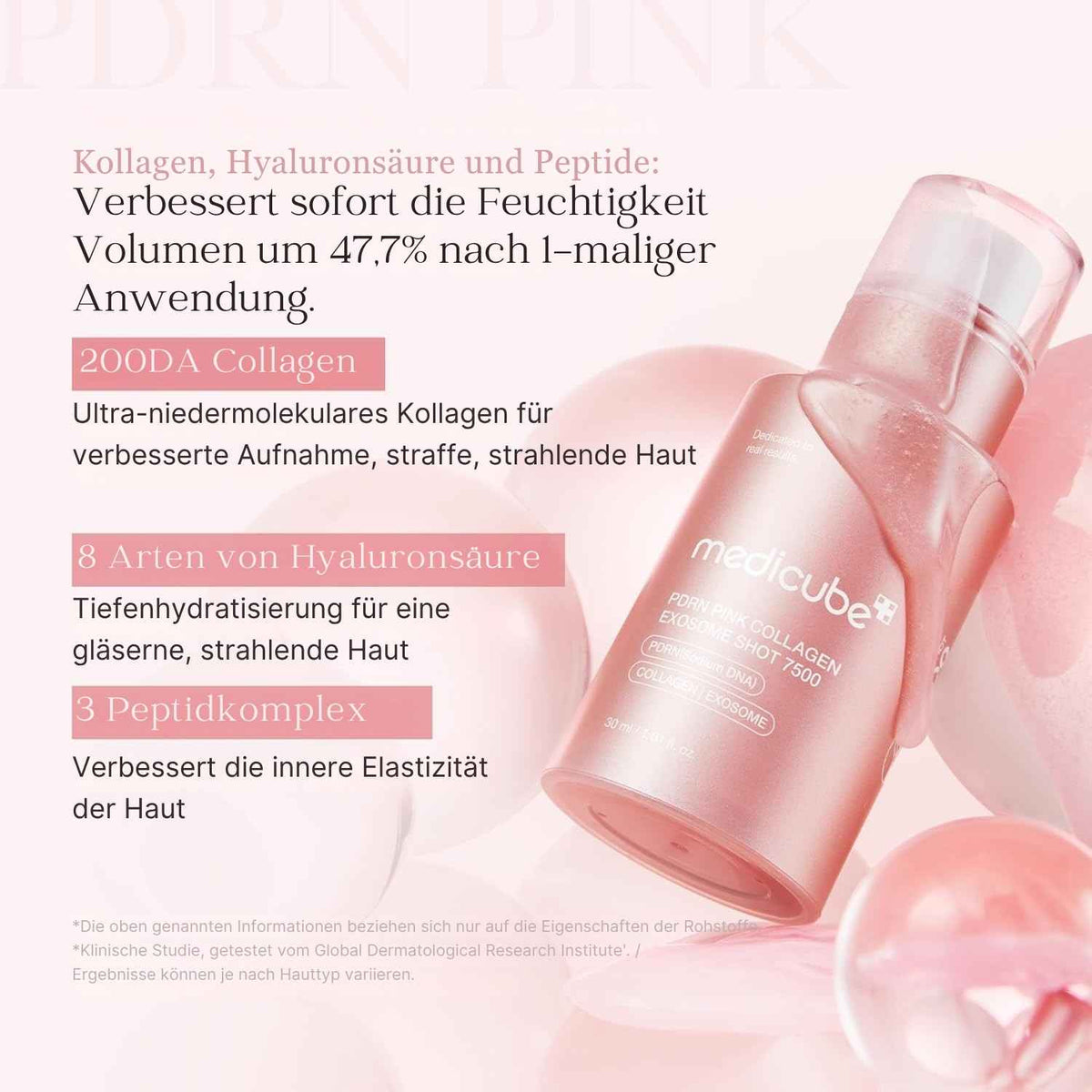 Medicube PDRN Pink Exosome Shot Serum 7500 30ml – rosa-weiße Flasche vor schwarzem Hintergrund