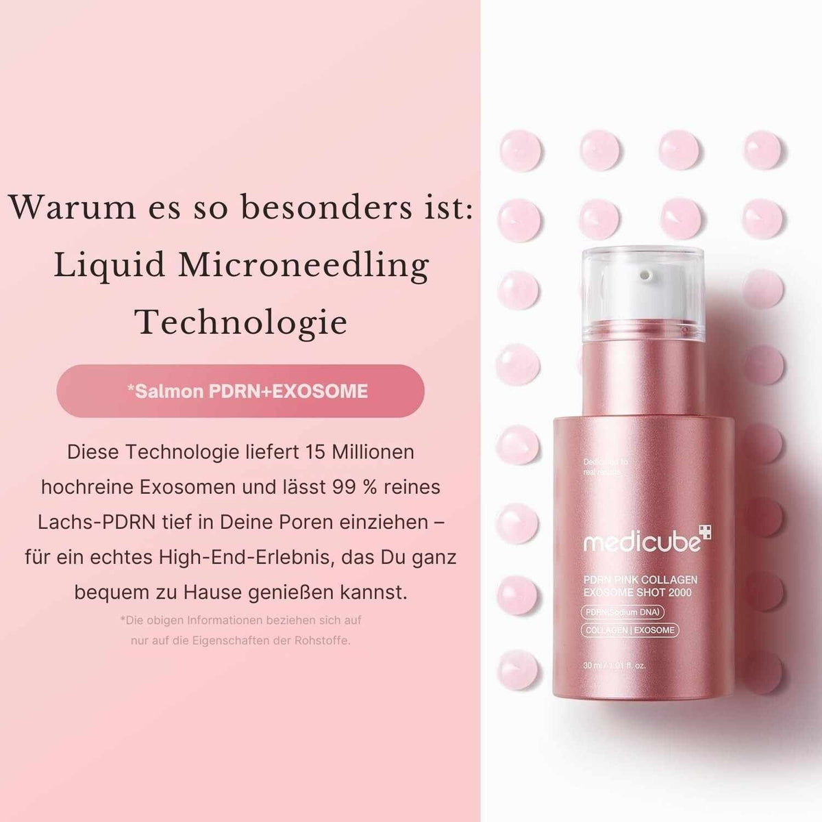 Medicube PDRN Pink Exosome Shot Serum 7500 30ml – Flatlay auf rosa Punkteraster: rechts Flasche, links weißes Textband