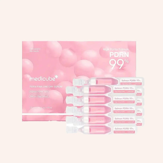 Medicube PDRN Pink One Day Serum Set (1.5ml x 10 Stück) – rosa Karton, links Detailbild des Inhalts, rechts größeres Bild