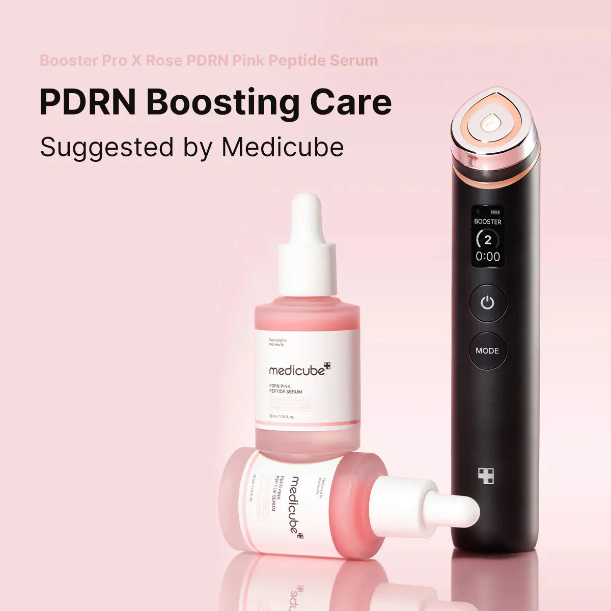 Medicube PDRN Pink Peptide Serum 30ml – Rosa Pipettenflasche mit Umkarton auf rosa Grund
