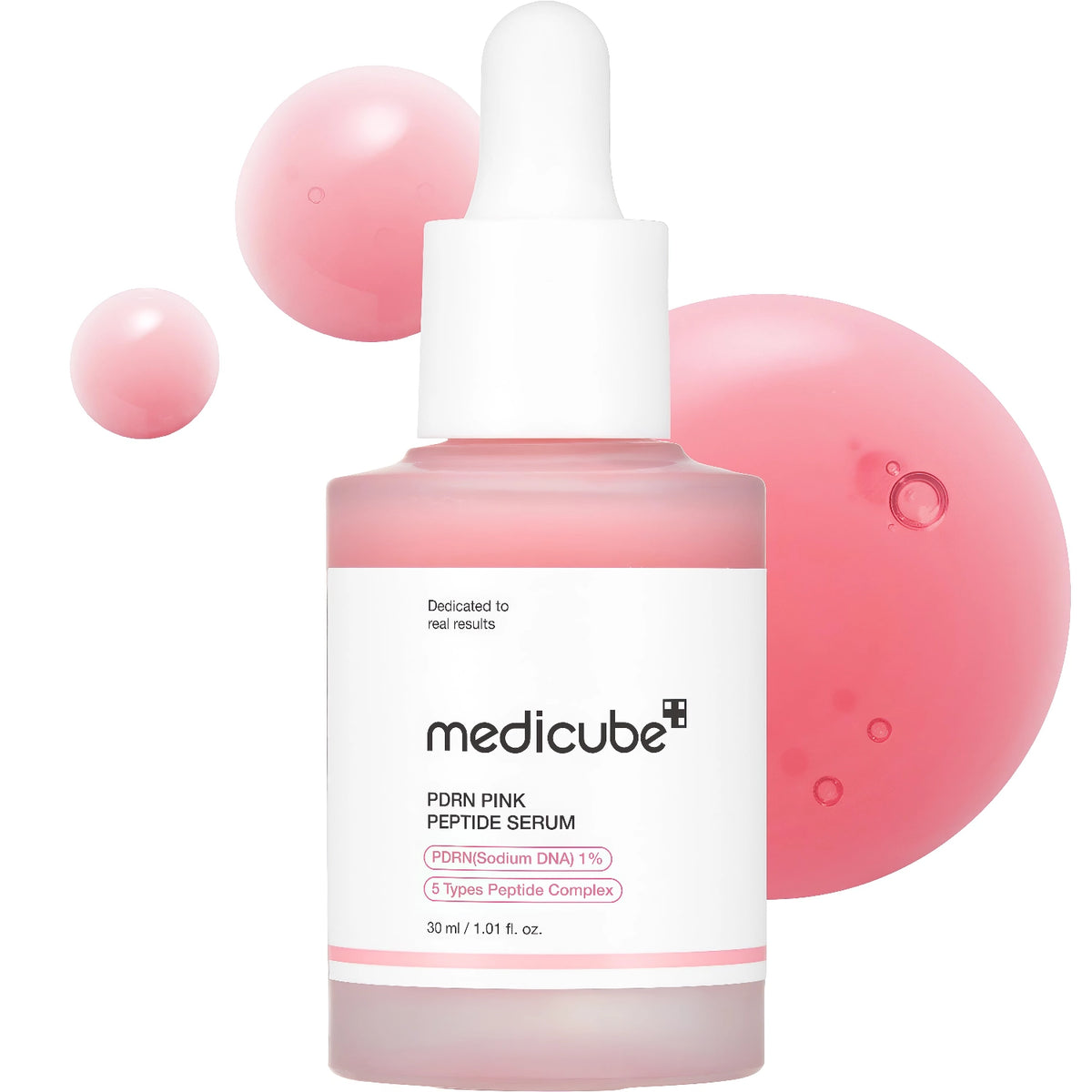 Medicube PDRN Pink Peptide Serum 30ml – Rosa Tube vor Hintergrund mit Wassertropfen