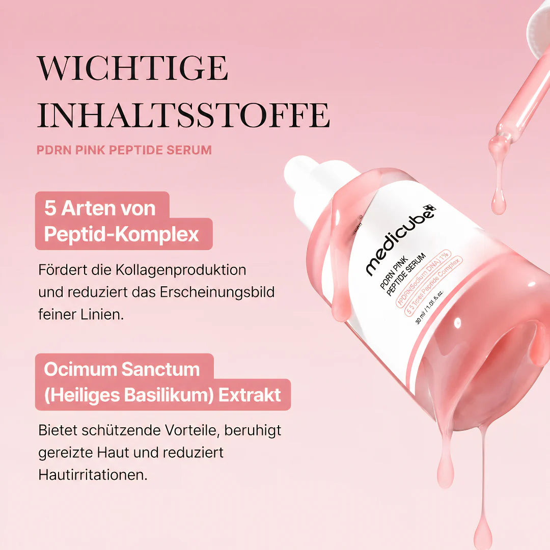 Medicube PDRN Pink Peptide Serum 30ml – Infografik mit Glasflasche voll rosa-orangem Serum, Pipette und Textblöcken