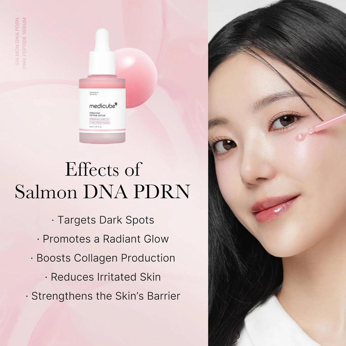 Medicube PDRN Pink Peptide Serum 30ml – Hellrosa Karton mit transparentem Sichtfenster in der Mitte und Schrift oben links