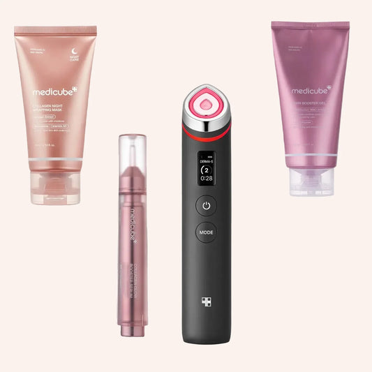 Medicube Set – Set-Inhalt mit mehreren Produkten vor schwarzem Hintergrund