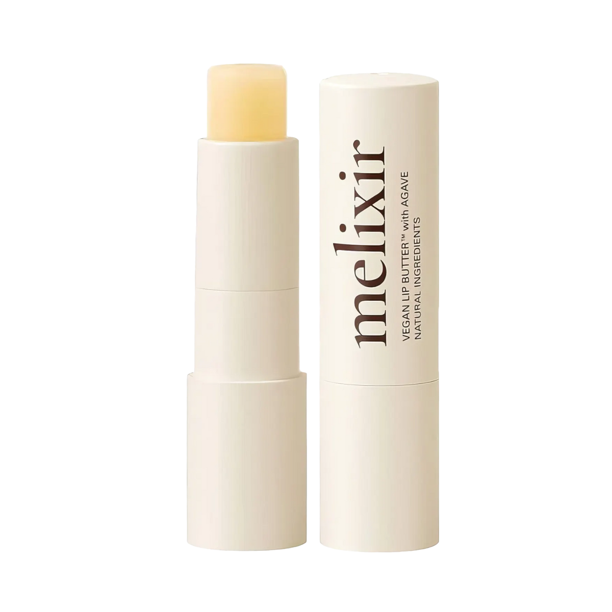 Melixir Vegan Lip Butter #01. Agave – weiße Tube mit Kappe und schwarzer Serifenschrift vor tiefschwarzem Hintergrund