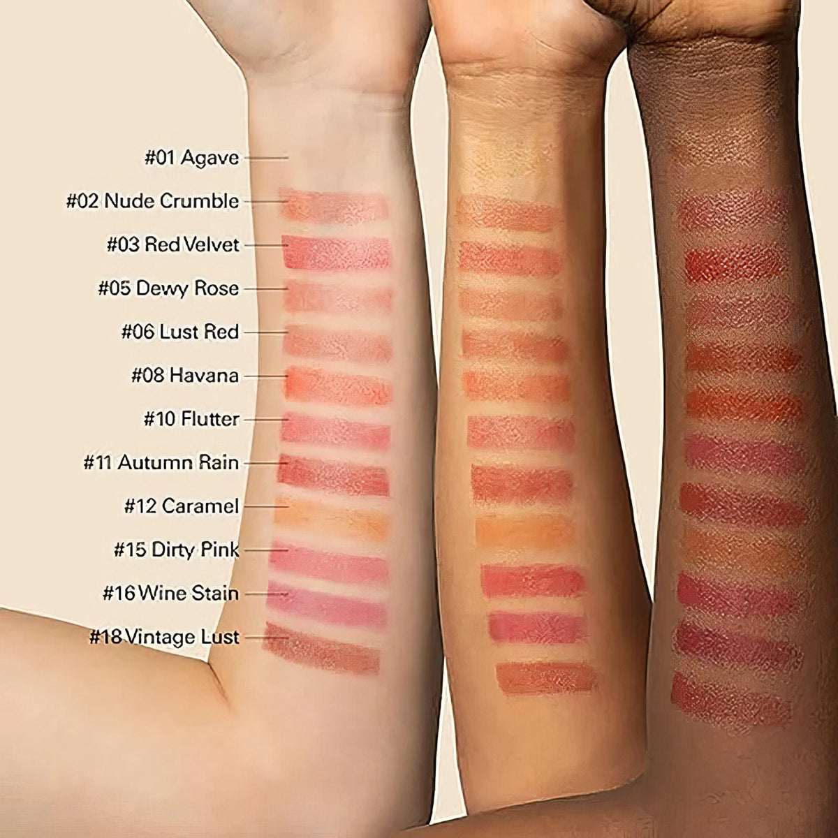 Melixir Vegan Lip Butter #05. Dewy Rose – Unterarme mit Swatches von Nude über Rot bis Dunkel, oben eine große Zahl