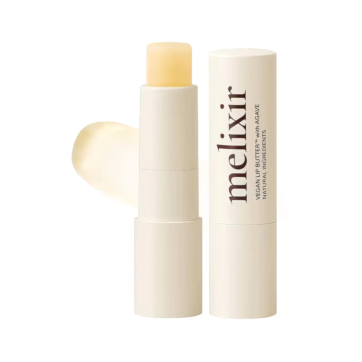 Melixir Vegan Lip Butter #01. Agave – Tube mit cremiger Textur auf weißem Grund