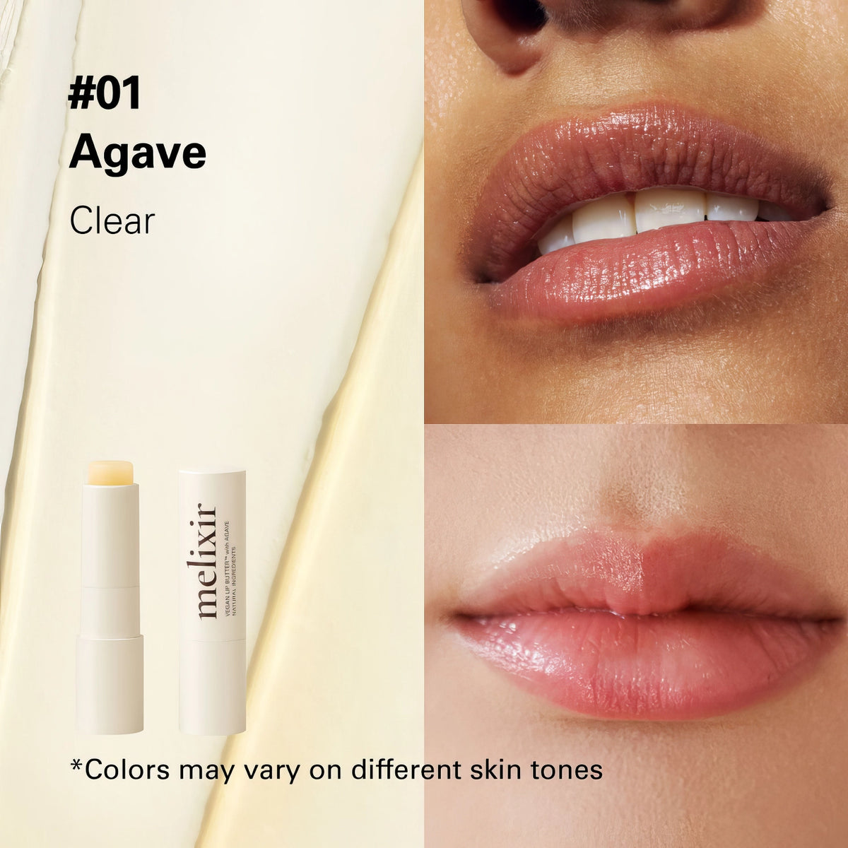 Melixir Vegan Lip Butter #01. Agave – Collage aus drei Bildern mit nudefarbenen Lippen aus verschiedenen Blickwinkeln