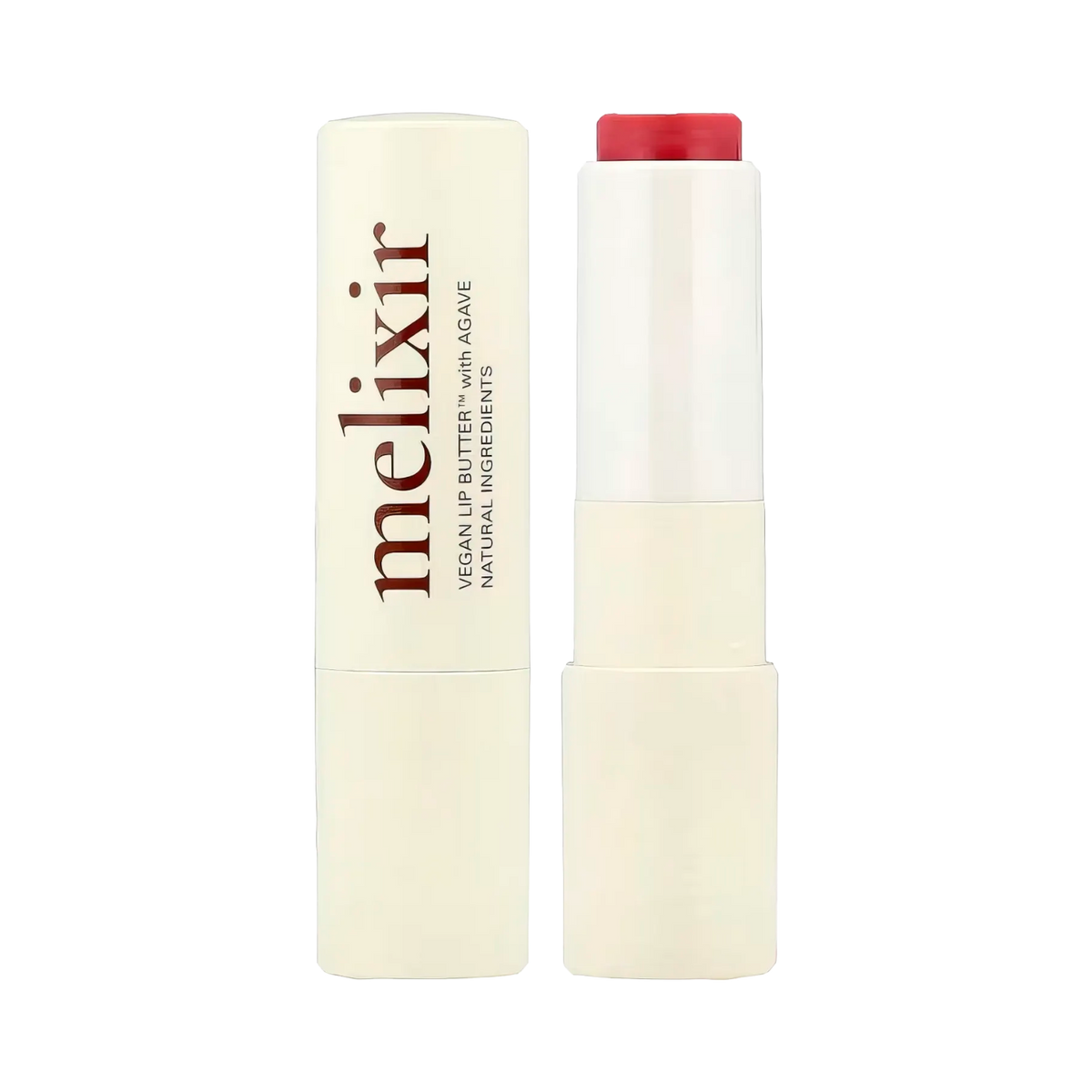 Melixir Vegan Lip Butter #05. Dewy Rose – weiße Tube mit roséfarbenem Etikett auf Dunkel