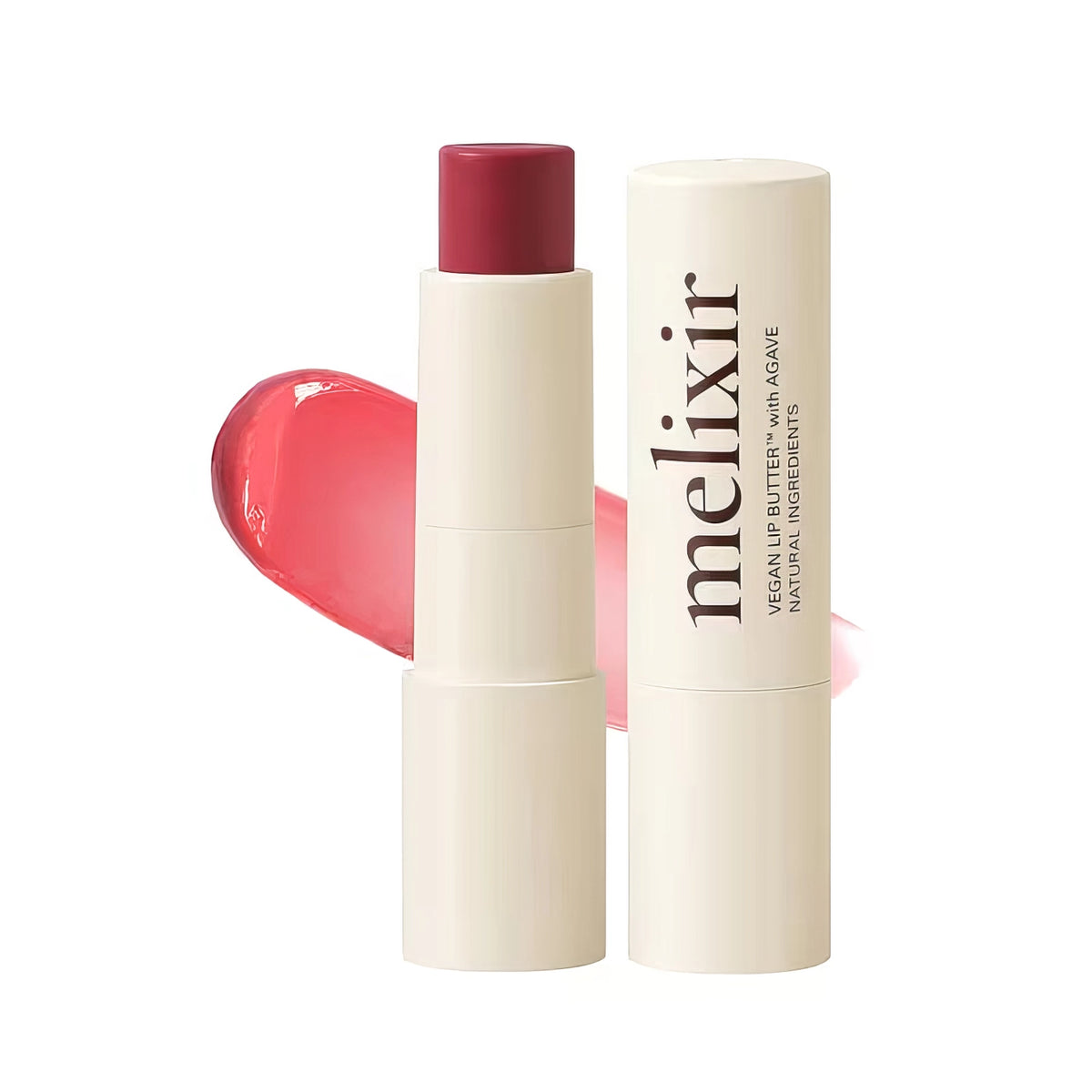 Melixir Vegan Lip Butter #05. Dewy Rose – zwei durchscheinende Tuben mit roter Kappe und rotem Inhalt vor Rot