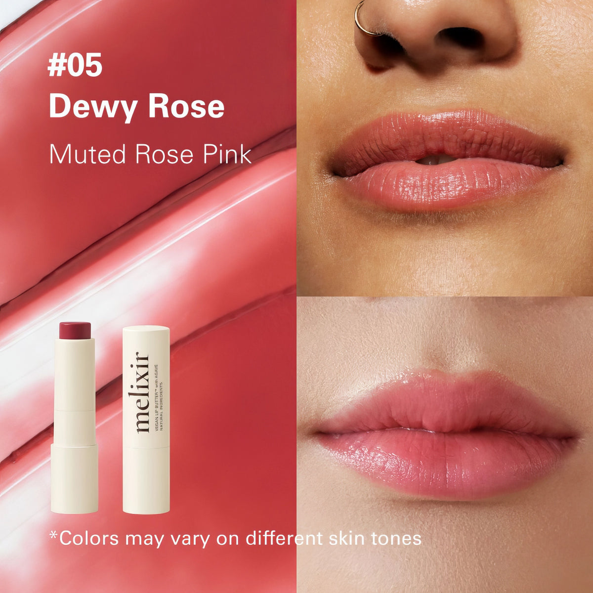 Melixir Vegan Lip Butter #05. Dewy Rose – rote Tube mit Goldkappe vor rosa Fläche mit rotem Streifen und Frauenprofil