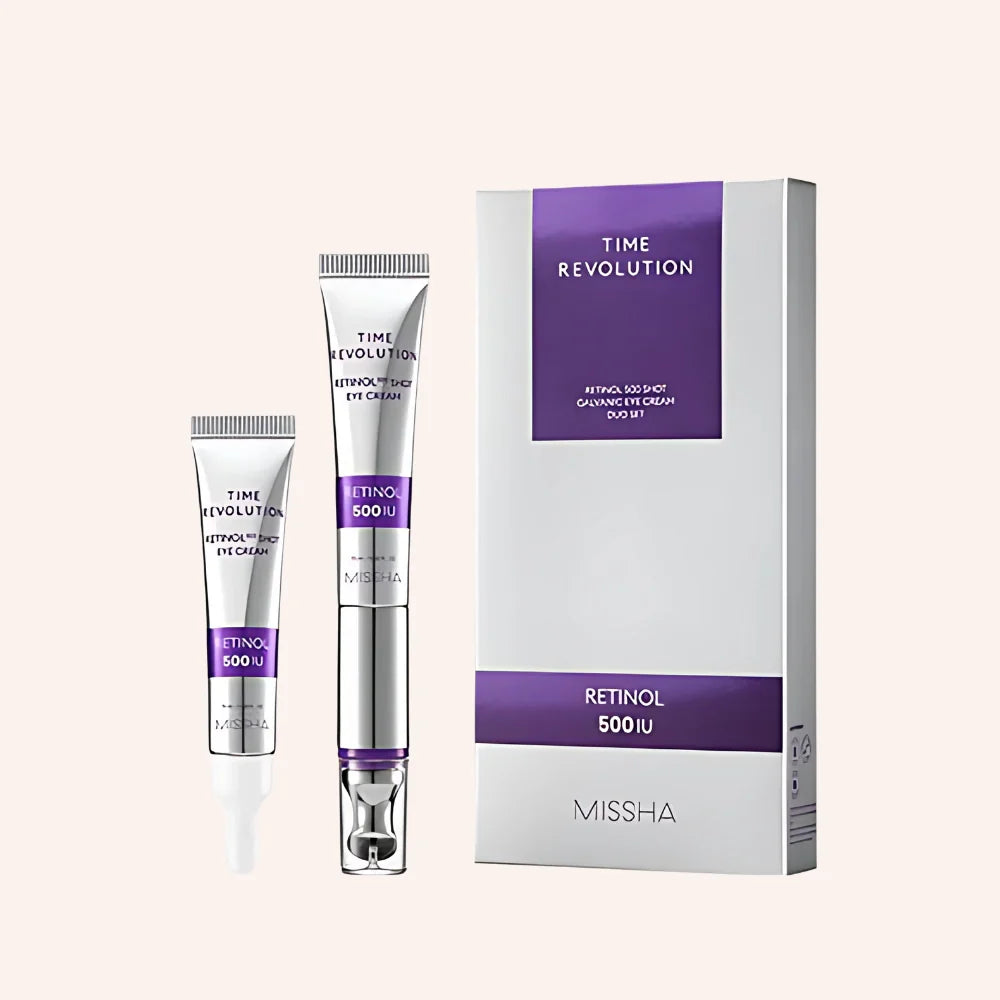 Missha Time Revolution Retinol 500 Shot Galvanic Eye Cream Duo Set (15ml+15ml Refill) – klare Box, Tube mit blauer Kappe