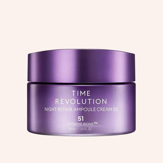 Missha Time Revolution Night Repair Ampoule Cream 5x 50ml – Tiegel mit violettem Design und Metallic-Schimmer
