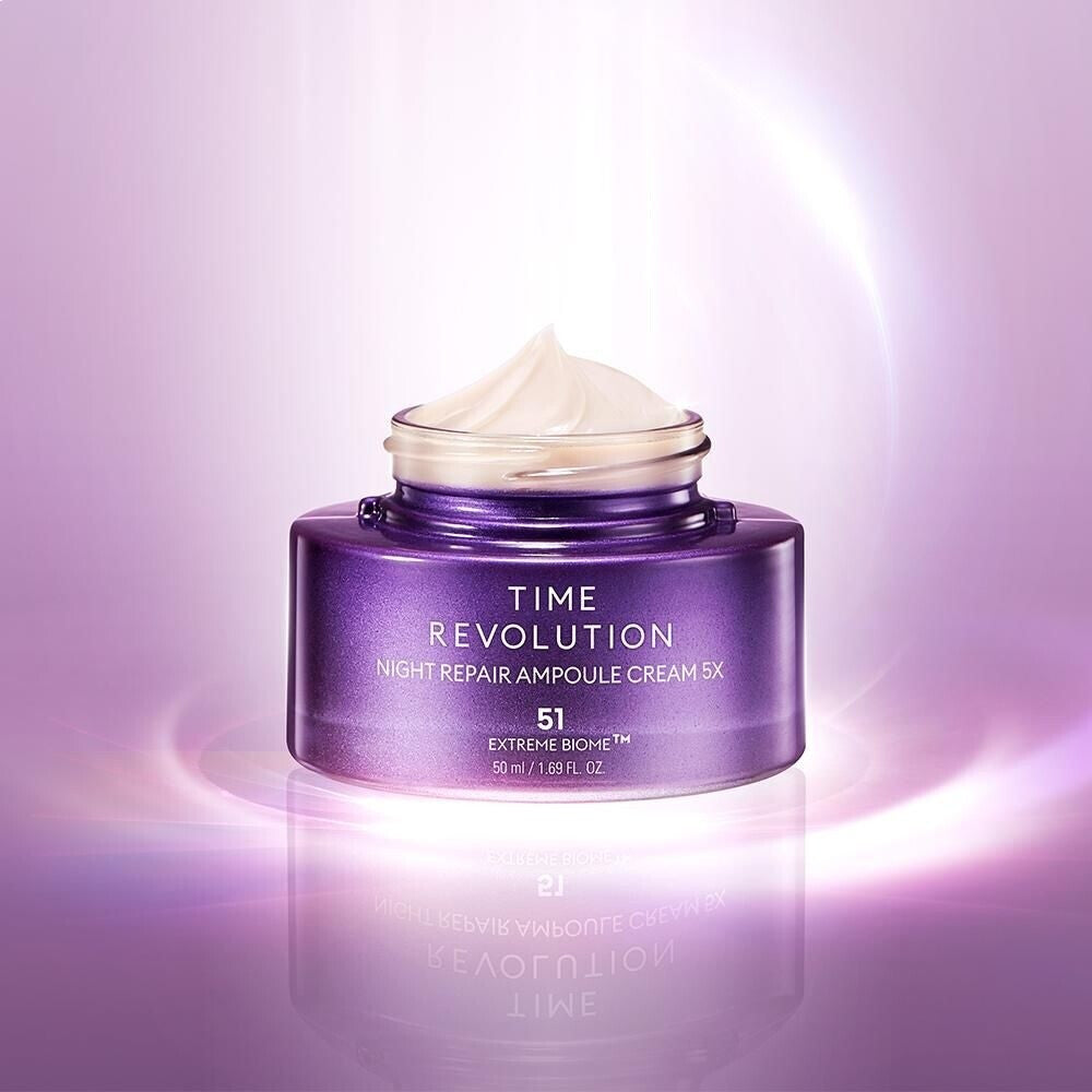 Missha Time Revolution Night Repair Ampoule Cream 5x 50ml – violette Tube, glänzende Kappe, Cremetextur
